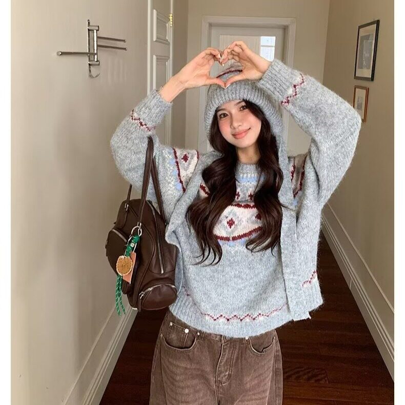 美式费尔岛复古提花毛衣女秋冬2025新款设计感休闲针织保暖外套,男装针织衫/毛衣,星座1210-1