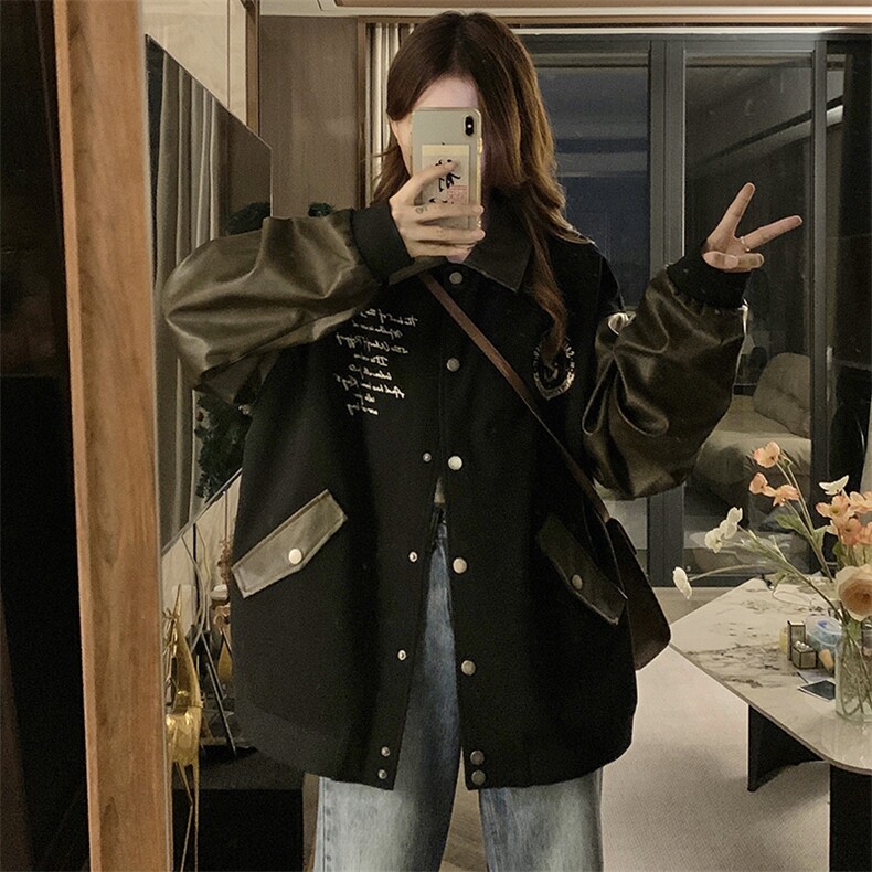 美式高街字母刺绣棒球服学院男女宽松外套百搭夹克C779-P105图片