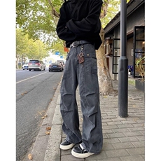 美式高街褶皱设计感工装牛仔裤男款春秋季潮流休闲宽松直筒长裤子，男装休闲裤，星座506A