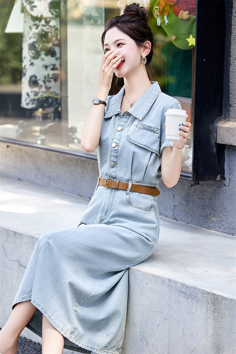 （现货）2026夏装新款休闲不对称中长款牛仔连衣裙（配腰带）,女装连衣裙,印象茜