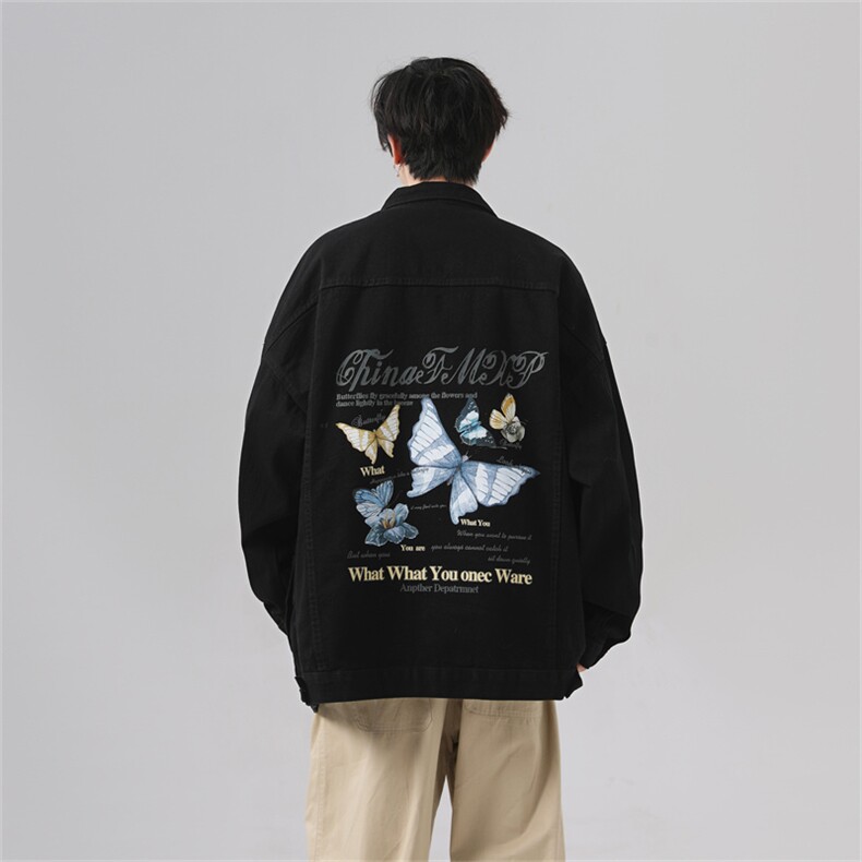 2025蝴蝶印花复古高街牛仔夹克男春季潮流痞帅潮牌外套JK913-P88图片