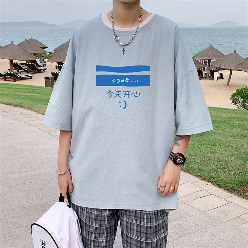 YT26033-P30亚麻短袖t恤男大码五分袖男宽松七分袖港风模特,男装T恤,电商A040