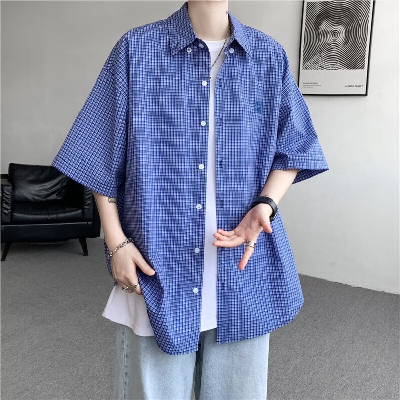 美式复古蓝色格子长袖衬衫男春秋韩版宽松高级感刺绣格纹衬衣外套,男装衬衫,星座1013