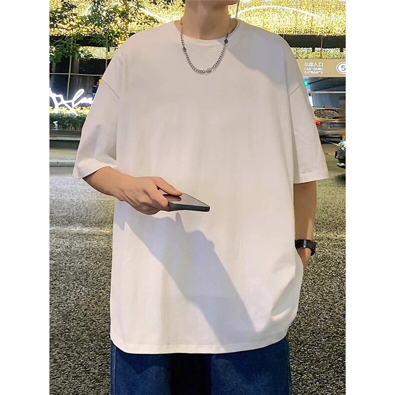 短袖t恤男夏季2025新款潮牌宽松纯棉半袖港风男生体恤纯色打底衫t图片