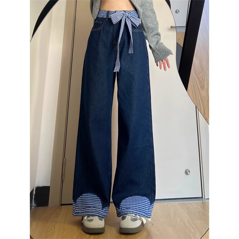 AK2388-p50韩系蝴蝶结系带拼接阔腿牛仔裤女春季垂感拖地裤,女装休闲裤,星座617A-2