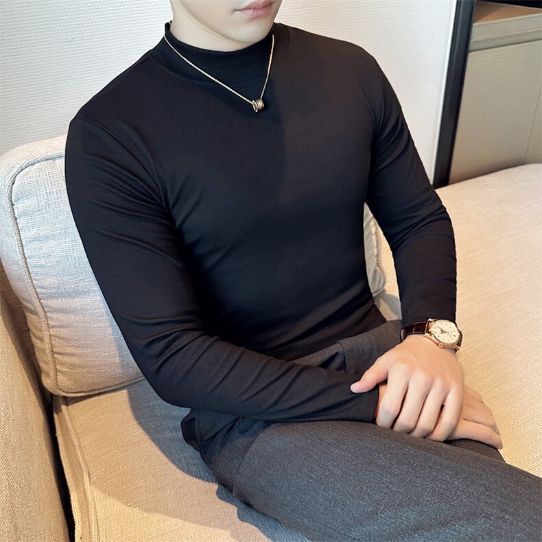 秋冬打底衫高弹亲肤面料纯色百搭修身半高领长袖T恤9008-p40，男装T恤，电商D303