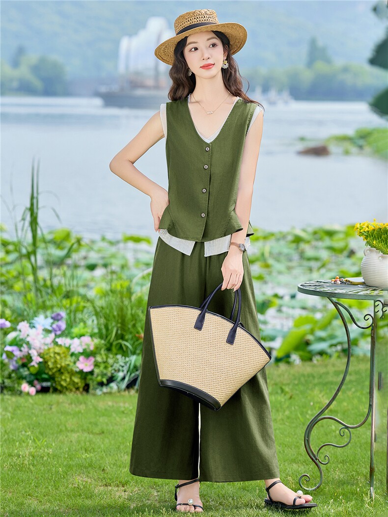 现货2026夏季时尚潮流天丝亚麻老钱风马甲三件套加阔腿裤套装,女装套装/套裙,兰菲阁