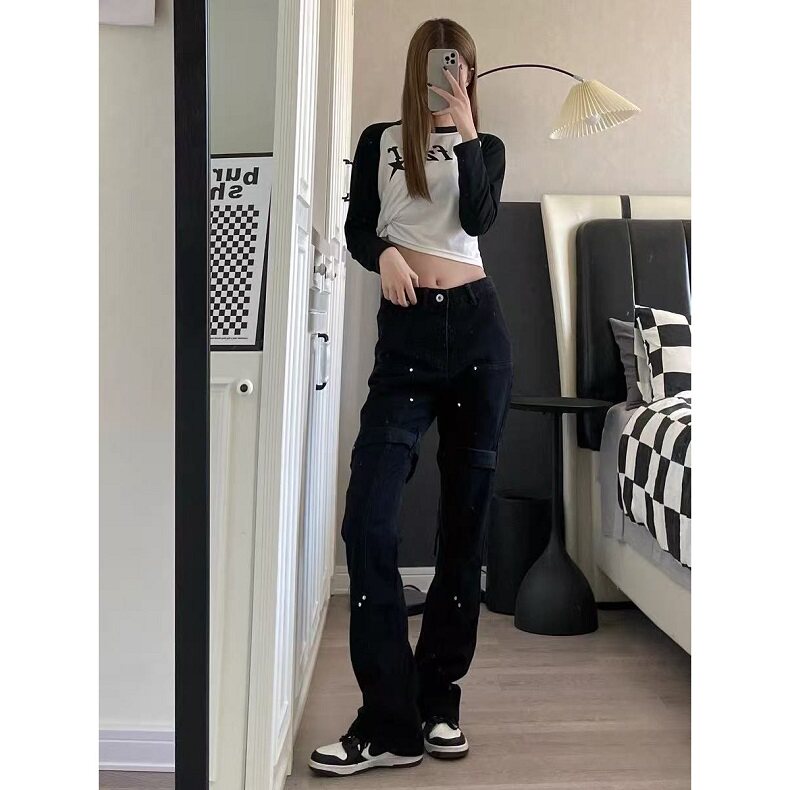 美式复古微喇牛仔裤女设计感绑带纽扣直筒休闲长裤潮KS35,男装牛仔裤,星座1116A（原606A-3）