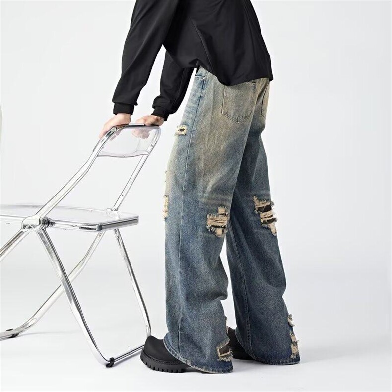 美式街头拼接牛仔裤男春款vibe潮牌高街宽松休闲直筒裤RK2456-P58，男装牛仔裤，星座412-3