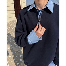 新款假两件条纹拉链衬衫领休闲春款卫衣高街休闲学院卫衣特P50，男装卫衣，电商B319