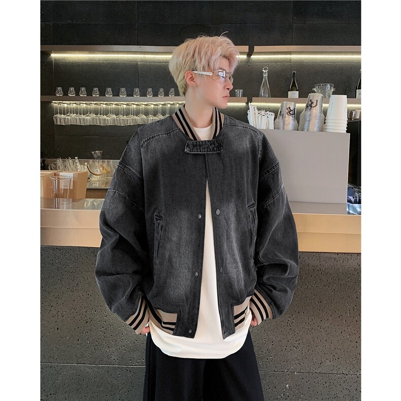 美式复古水洗宽松短款牛仔外套休闲百搭棒球服图片