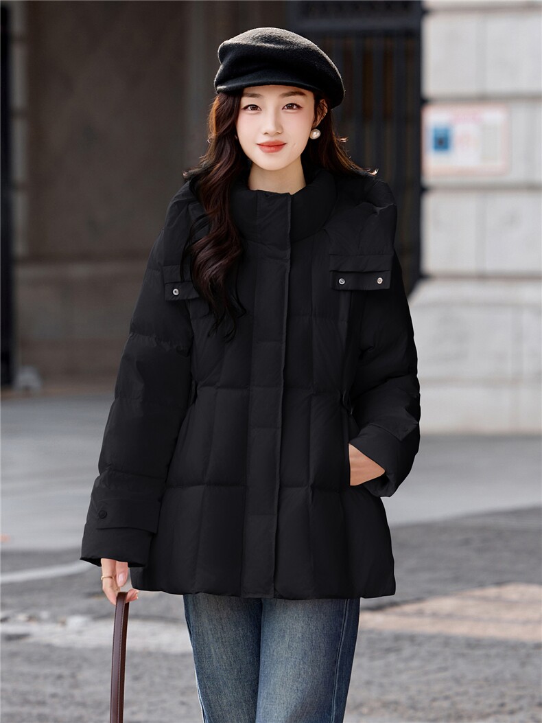 现货2025冬季新款肌理感白鸭绒羽绒服女设计感时尚连帽加厚外套,女装羽绒服,时尚俏佳人