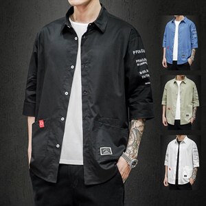 2021夏季新日系大码男马切达个性印花绣标宽松七分袖衬衫C553-P40图片