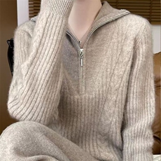 秋冬加厚麻花100%纯羊毛衫女半拉链立领长袖扭花软糯针织打底上衣，女装针织衫/毛衣，萱芳婷羊绒