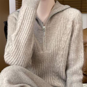 秋冬加厚麻花100%纯羊毛衫女半拉链立领长袖扭花软糯针织打底上衣图片