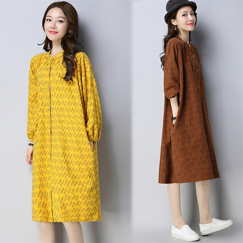 连衣裙花色圆领宽松腰排扣件2021年春季长袖长裙口袋，女装连衣裙，独衣靓