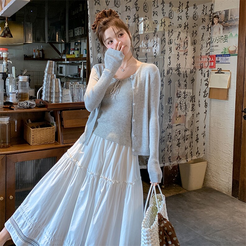 新货春款蕾丝花边裙+毛线外披吊带三件套1C056P175K248,女装套装/套裙,2D045