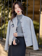 甜美气质撞色毛呢外套女短款2025秋冬新款洋气减龄双面羊毛呢大衣，女装毛呢外套，韩宇舍