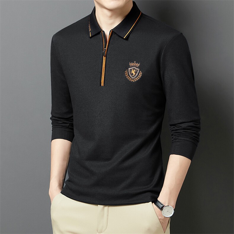 新款polo衫男装长袖t恤刺绣春秋季衣服商务中年休闲打底翻领上衣图片