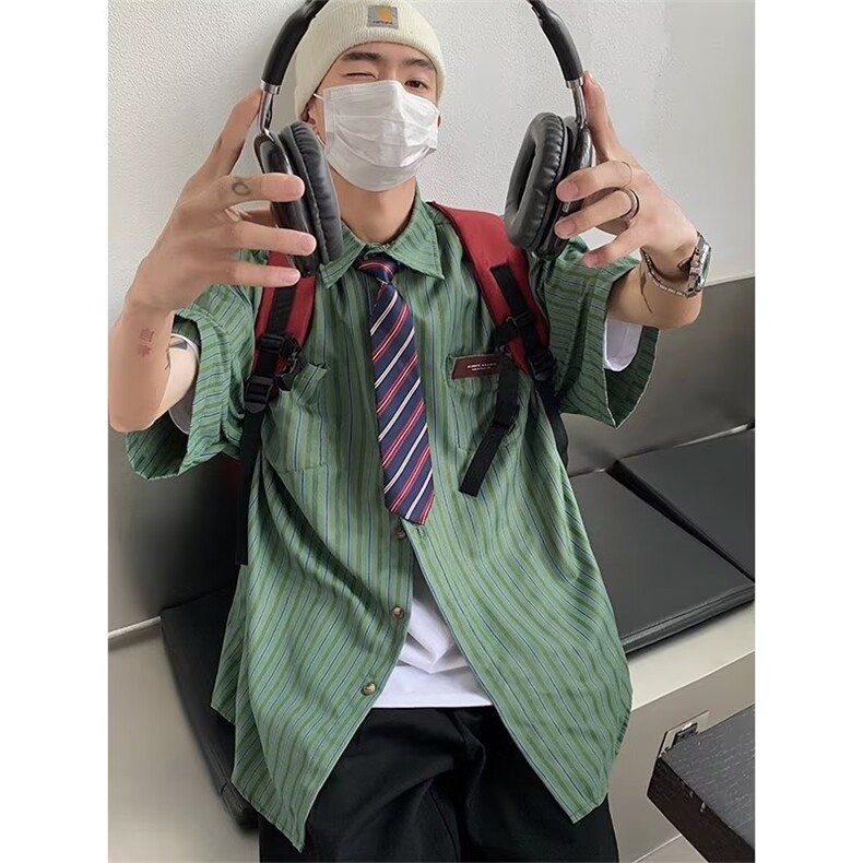 夏季新款日系复古小众翻领条纹短袖衬衫男女休闲宽松衬衣JQC02P33图片
