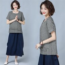 潮流舒适时尚短袖蕾丝衫/雪纺衫2025年夏季格子休闲圆领休闲，女装蕾丝衫/雪纺衫，风姿绰