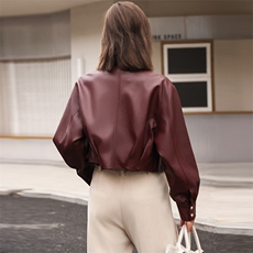 现货仿绵羊皮皮衣女短款时尚外套小立领机车款2024春秋新款潮显高，女装皮衣，潮流依族