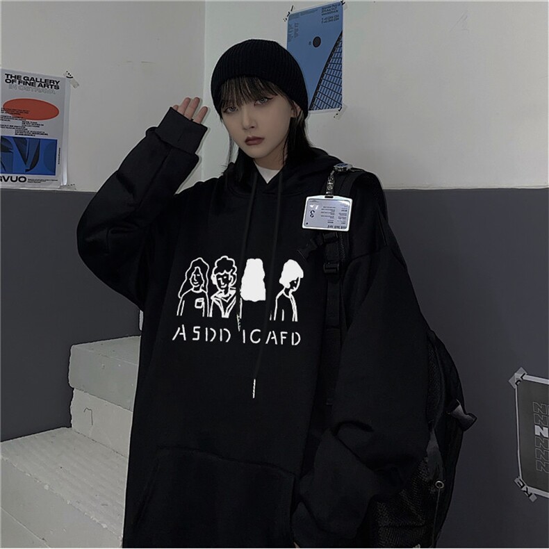 潮流街头美式趣味简单宽松百搭加绒oversize连帽卫衣图片