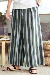 2021春夏款大码男装棉麻裙裤宽松舒适长裤条纹亚麻阔腿裤D571P75图片
