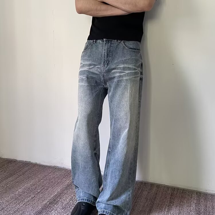 美式复古水洗冰蓝直筒宽松牛仔裤男阔腿百搭休闲长裤NZK2027,男装牛仔裤,星座516A