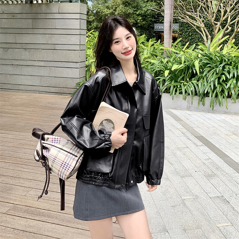 《48H发》翻领美拉德机车宽松皮衣短外套,女装皮衣,辰辰家