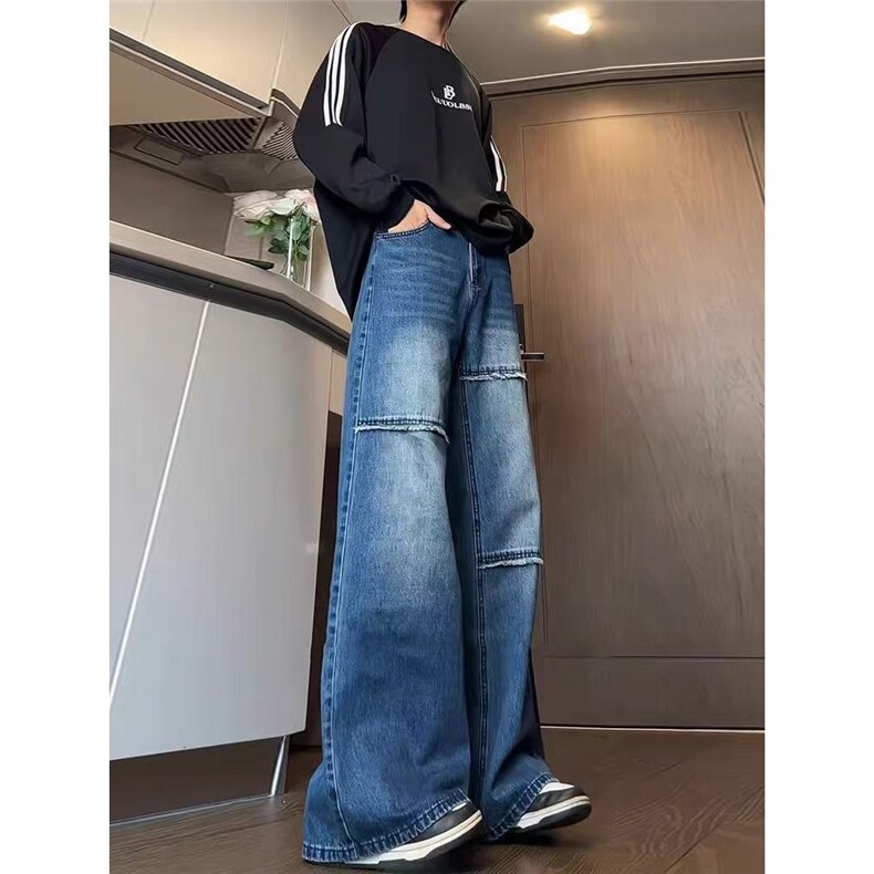 美式复古纽扣绑带叠穿弯刀牛仔裤男2025秋季新款设计感宽松阔腿裤,男装牛仔裤,星座715-4