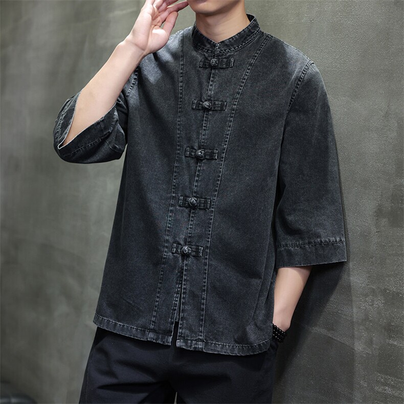 夏季牛仔七分袖衬衫盘扣立领上衣宽松大码男休闲CS2504-P7088,男装衬衫,电商A008