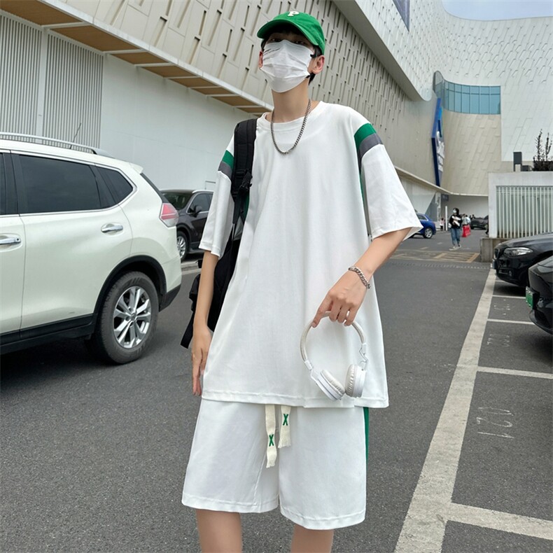 现货主推大码港风情侣冰丝防晒日系短袖五分裤休闲运动套装S16P50,男装休闲套装,电商B226
