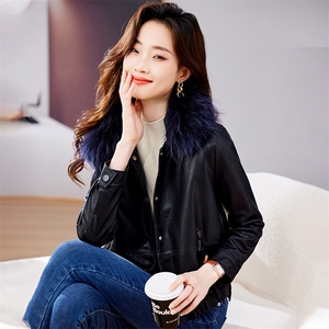 真毛领皮衣外套女2024年冬季新款加绒加厚毛领可拆卸皮夹克外套图片
