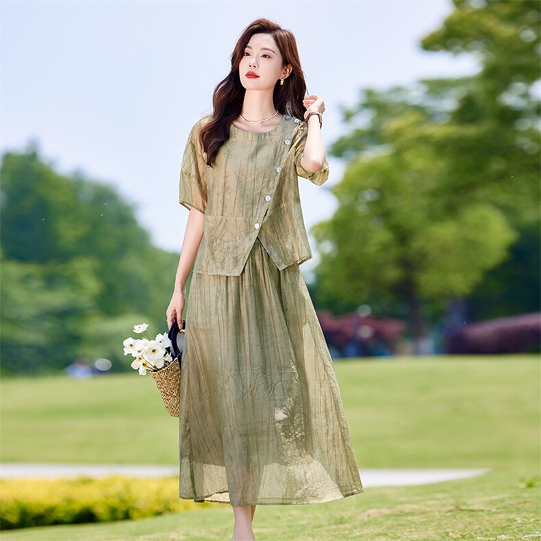 蓝色连衣裙套装女2025新款韩系夏日穿搭一整套短袖吊带裙子三件套,女装套装/套裙,靓衣阁