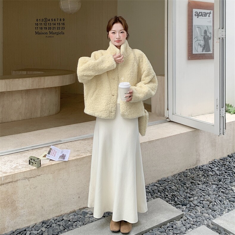 210-3291-P185-k268奶黄色甜美立领皮毛一体加厚短外套,女装羊羔毛/颗粒绒,韩蜜菓
