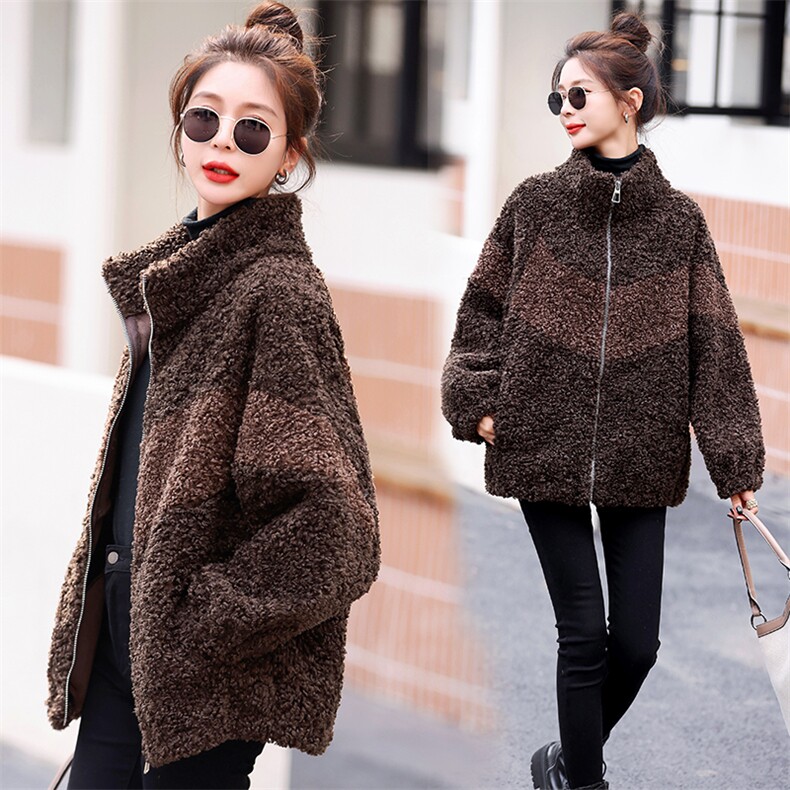 仿羊羔毛外套女皮毛一体秋冬2023新款加厚拼色羊羔绒休闲外套,女装羊羔毛/颗粒绒,姿衣坊