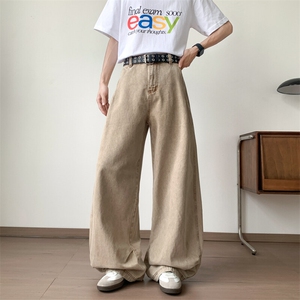 美式复古纯色简约牛仔裤潮流宽松休闲阔腿裤图片