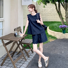 藏青色盐系一整套蕾丝花边牛仔套装女2025夏季新款背心短裤两件套，女装套装/套裙，2C159