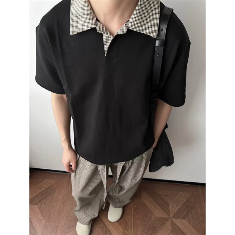千鸟格拼接polo衫短袖男夏季老钱风复古正肩T恤重磅半袖TXT65,男装T恤,星座516A