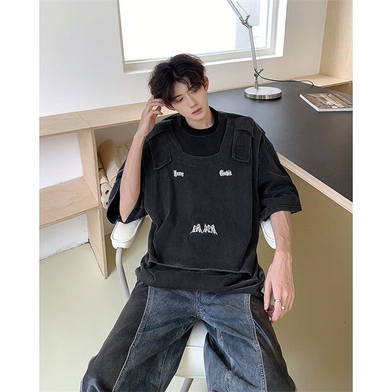 现货！25美式做旧设计感假两件刺绣短袖圆领T恤上衣DX189-P78,男装T恤,电商B288