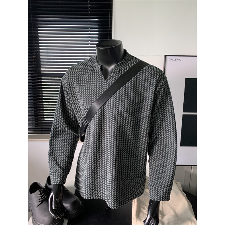 270g雪尼尔港风休闲波浪条纹V领宽松长袖T恤男T24547特P25控58，男装T恤，电商A001