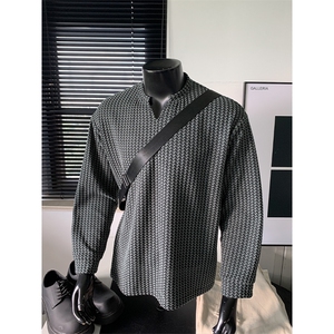 270g雪尼尔港风休闲波浪条纹V领宽松长袖T恤男T24547特P25控58,男装T恤,电商A001