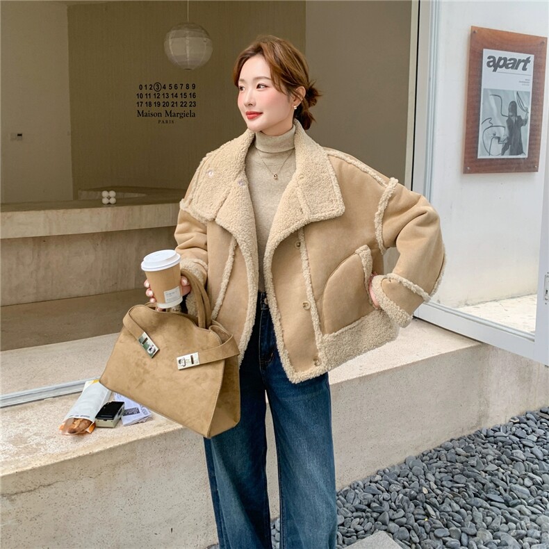 减龄麂皮绒保暖上衣皮毛一体羊羔毛外套女冬，女装羊羔毛/颗粒绒，茜茜公主