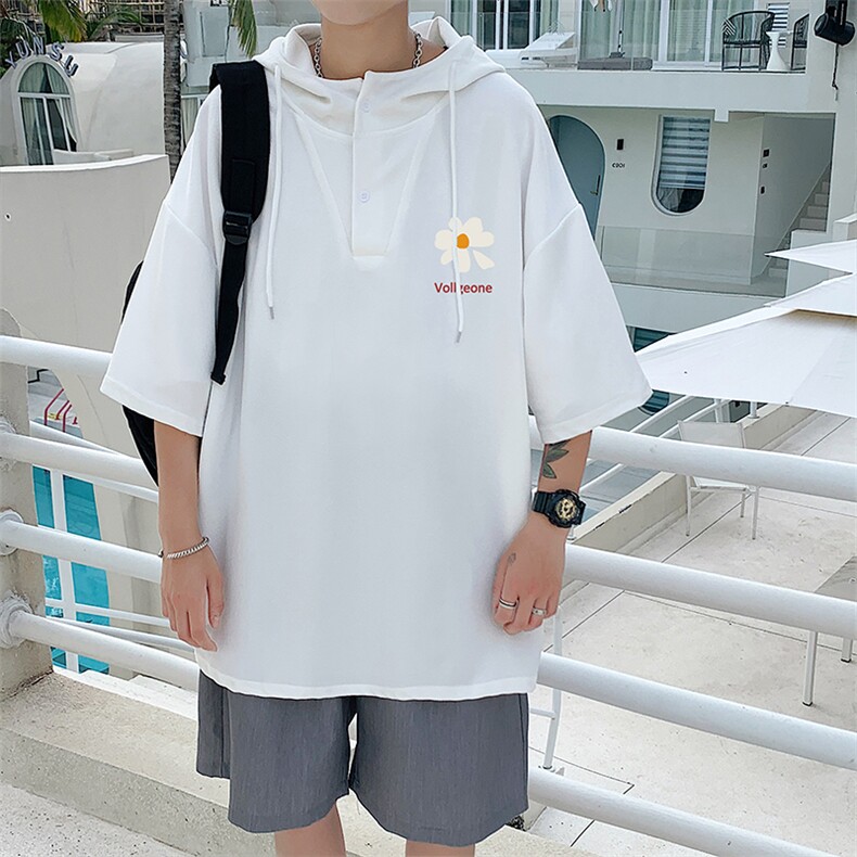 LD54059-P45连帽短袖t恤男大码胖子带帽五分袖中袖,男装T恤,电商A040