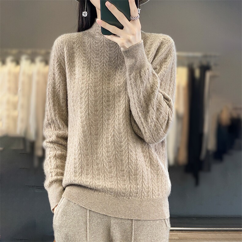 法式设计感复古麻花100纯羊毛衫女2025秋冬新半高领长袖打底毛衣,女装羊毛衫,郡淞羊绒