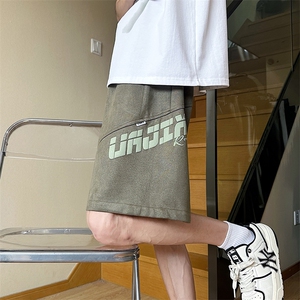 夏季字母发泡印花麂皮绒短裤男宽松休闲运动五分裤图片