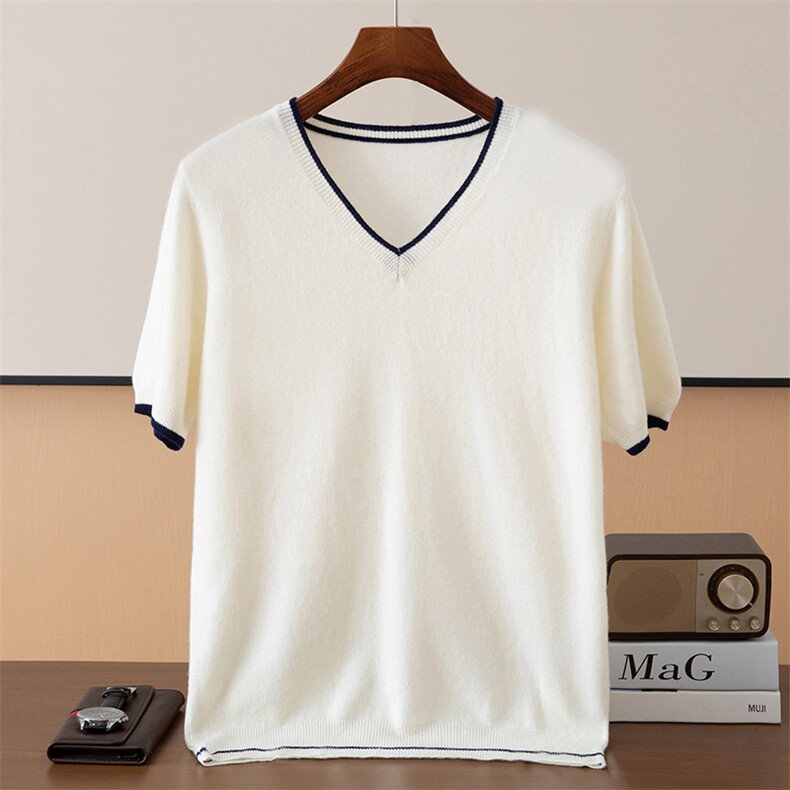 2025百搭时尚v领拼色短袖针织衫，男装针织衫/毛衣，端硕羊绒