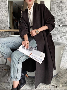 2021秋冬新款欧美范儿睡袍腰带无扣百分百羊毛大衣图片