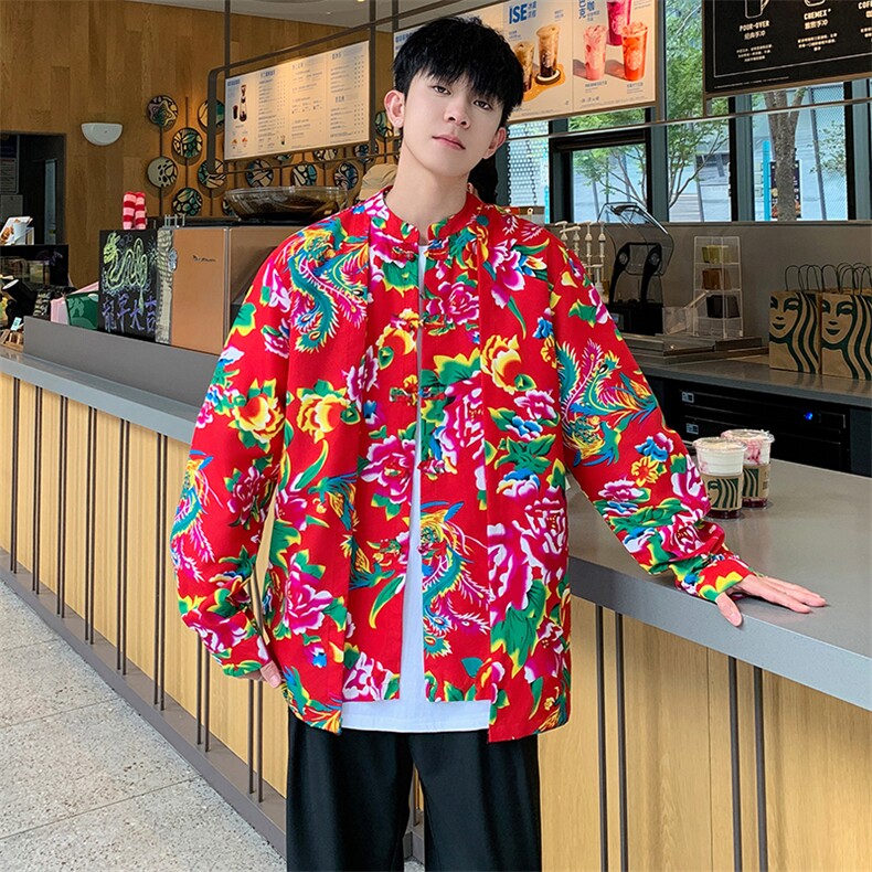 C88东北大花假两件长袖衬衫盘扣新中式汉服表演出团队男女大码潮，男装衬衫，星座115A(原星座507）